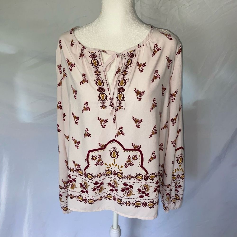 Bobeau Women's S Small Floral Peasant Pink Tie V Neck Blouse